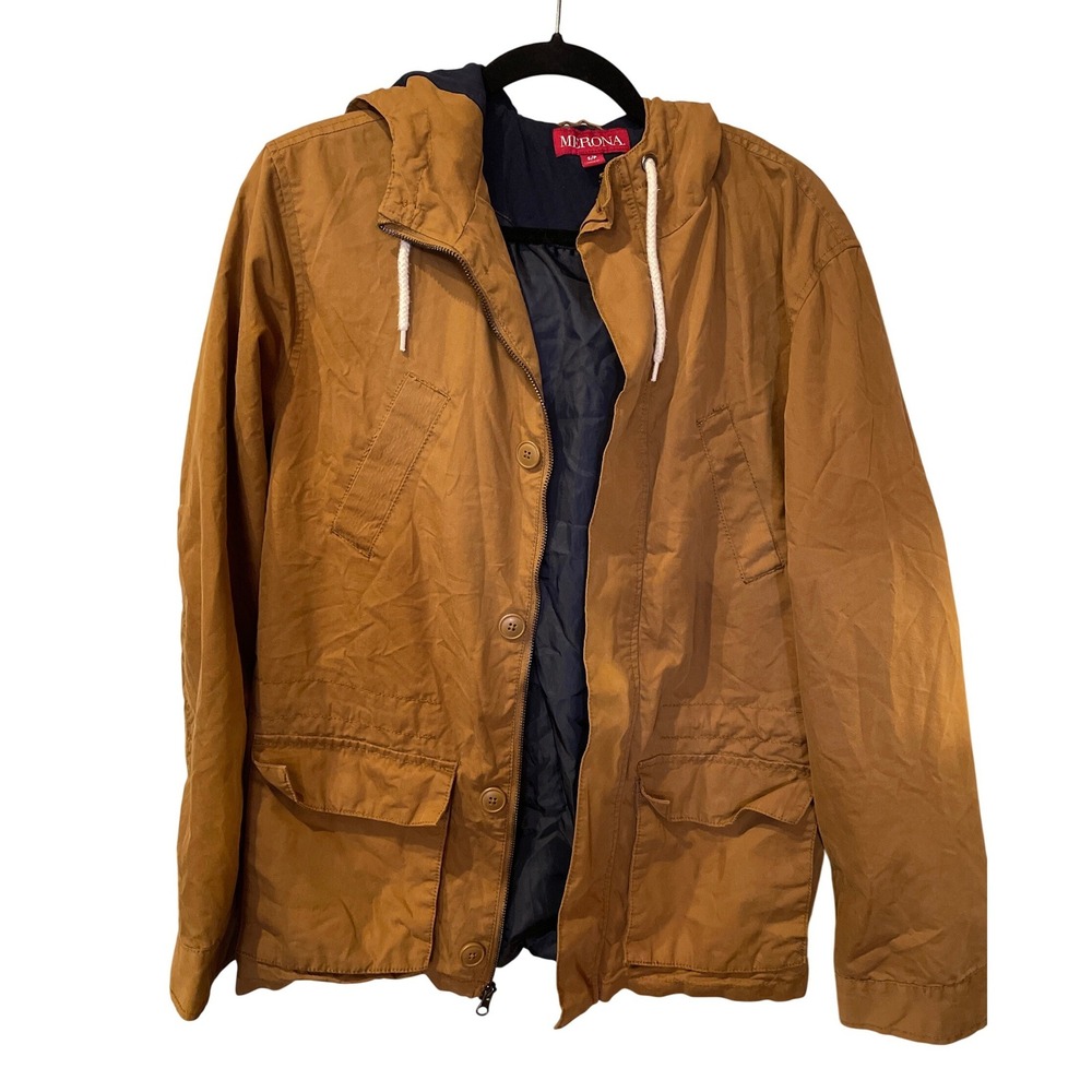 Merona Mens Khaki‎ Hooded Utility Jacket Casual Lightweight Button Snap Zip